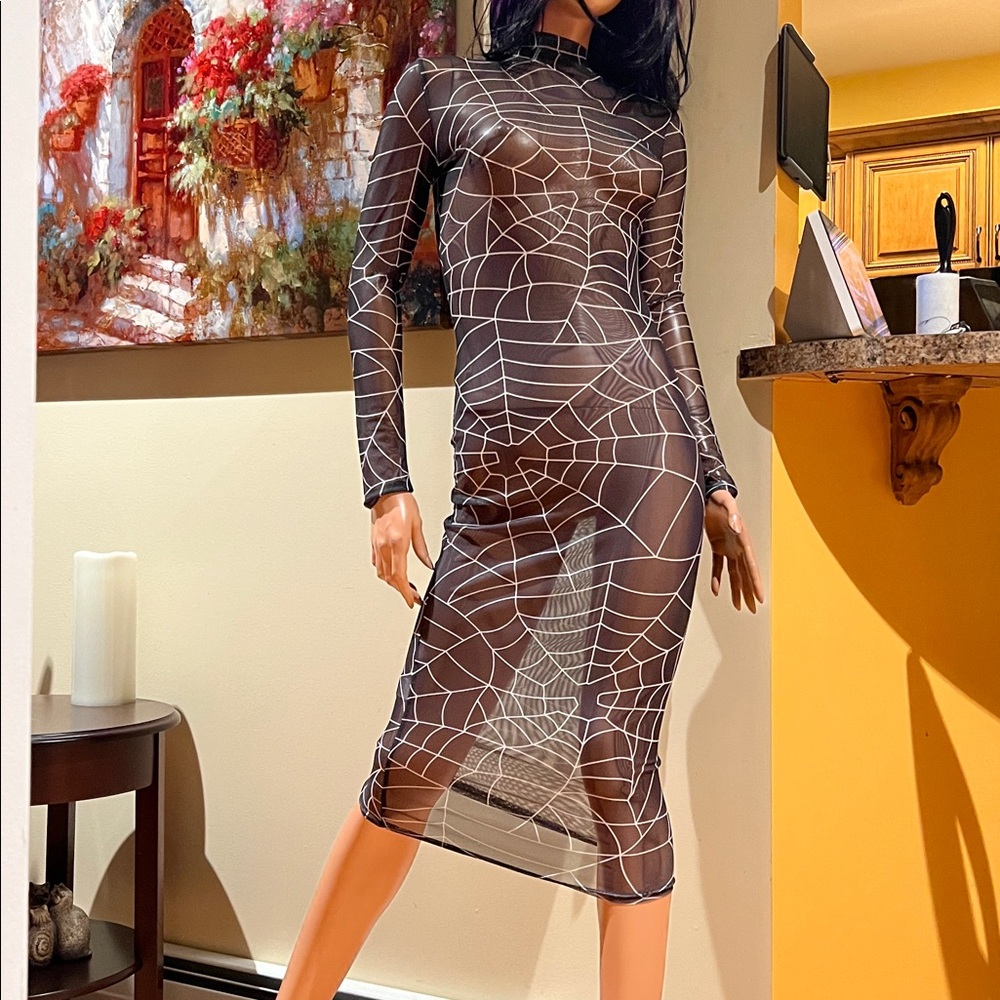 Sheer mesh Black Web Design Long Sleeve midi XS bodycon Dress nwot